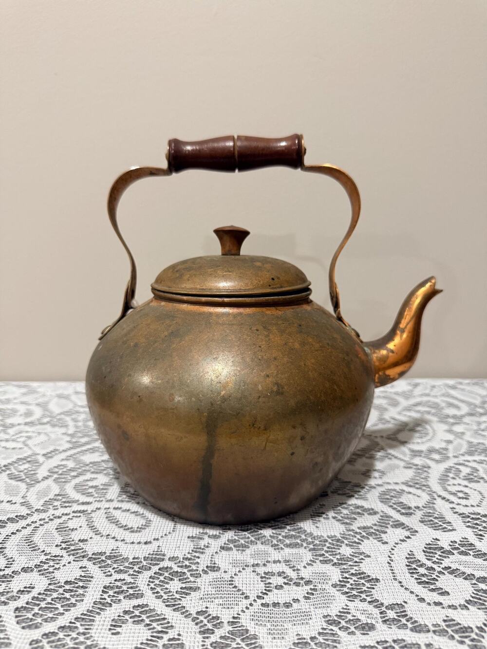 Vintage Old Dutch Solid Copper Tea Kettle, Portugal Rustic Farmhouse